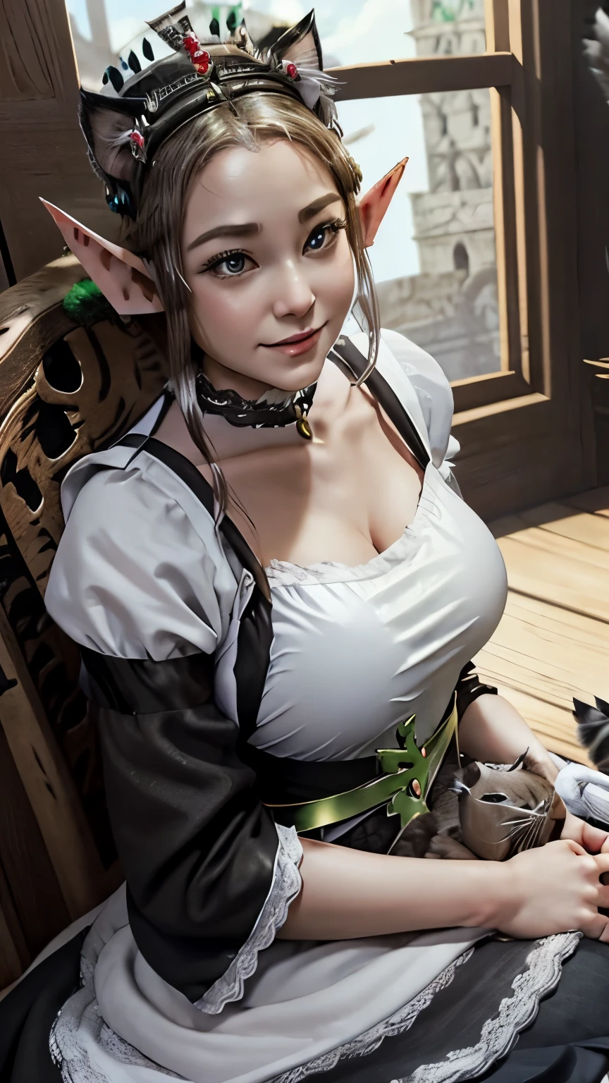 Beautiful woman, (Elf Queen:1.4) Sitting on the throne,(Cat maid outfit:1.8) , Perfect Face, whole body, Victorian era, Aristocratic costume, Intricate decoration, spelling, talk, smile, Put your arms behind your back, Soft Rim Light, Beautifully detailed skies, masterpiece, Ultra-high resolution, high quality, 4K, (photographrealistic:1.2), photograph, Dirty Body　Upper Body　Sweaty　Big Breasts　Expose　Fluid from nipples　Reverse Rape　Slimy　saliva　Urinating　Watching the audience　Attractive body　Muscular　lure　sweating　胸をExpose フィットネスボディ