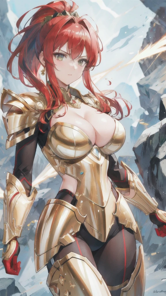 Gold Armor, 4K image, assembly, best quality, masterpiece, movie lighting ，Sexy，Large Breasts，Cleavage，action，In battle，Cleavage，anger，noble，light beam from hand，Golden lightning surrounds，Red hair，Ponytail hairstyle，Saint Seiya Leo Aiolia，Blink，Lipstick