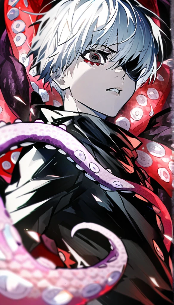 ```
Ken Kaneki, Tokyo Ghoul, white hair, black outfit, eyepatch, half-ghoul, serious expression, red kakugan eye, kagune tentacles, detailed face, high quality
```