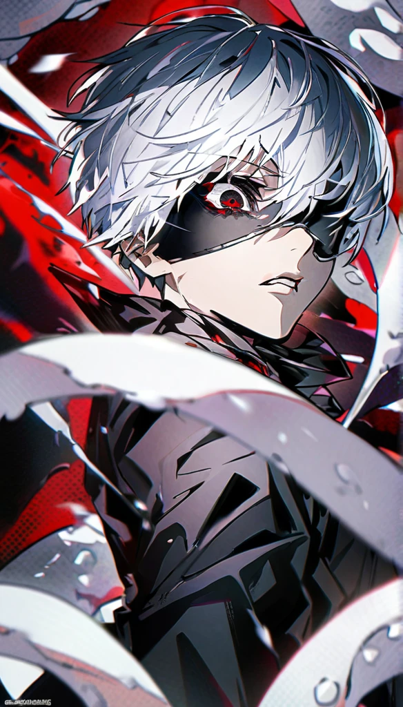```
Ken Kaneki, Tokyo Ghoul, white hair, black outfit, eyepatch, half-ghoul, serious expression, red kakugan eye, kagune tentacles, detailed face, high quality
```