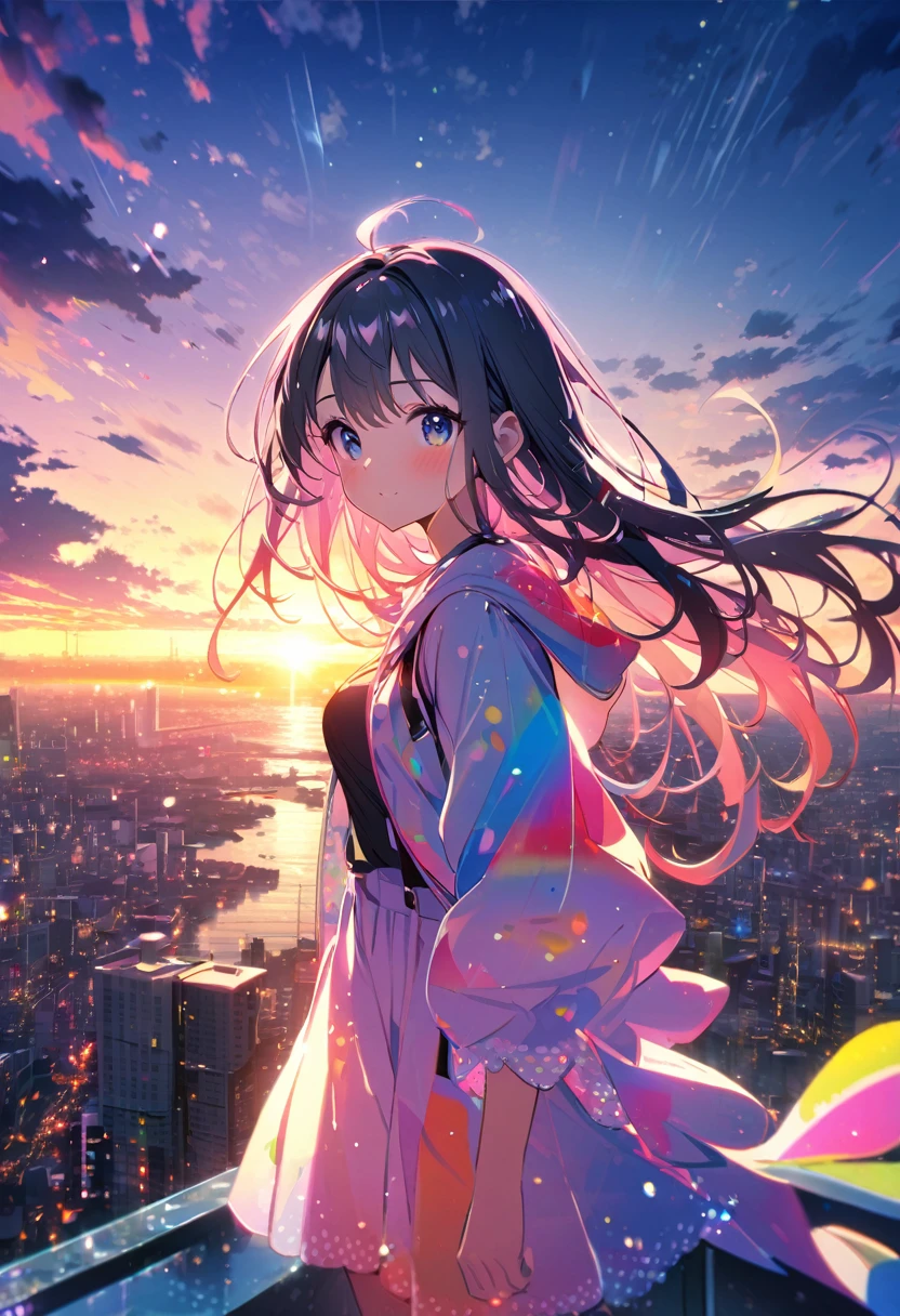 angelic, 1girl, sunrise, bright, after rain, horizon, in the sky, city , lens flare, colorful, High resolution, 8K