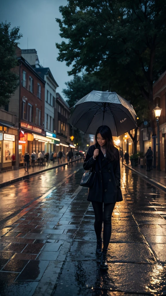 City of night Rain falling on the sidewalk