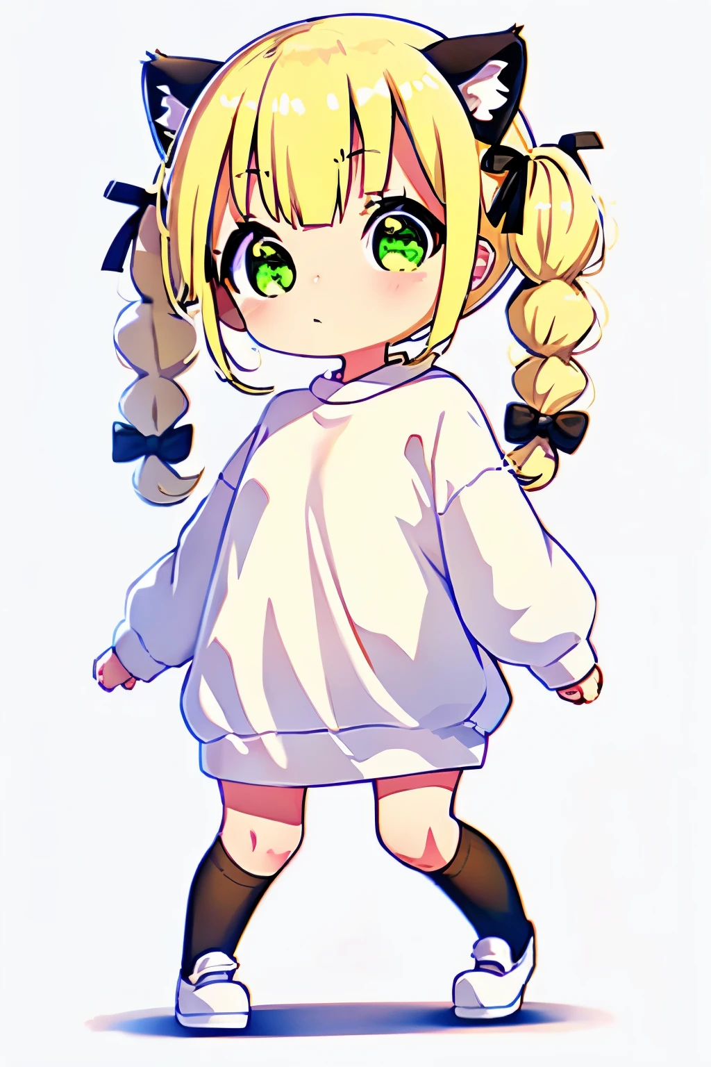 a cat character, half of the body, White background, blonde hair down with two pigtails, greeneyes, neutral expression, large white sweatshirt, white short socks, yellow cat ears.
