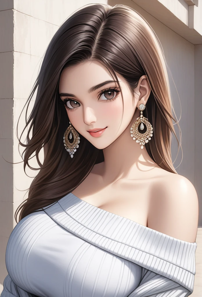 a woman, Kriti Sanon, outdoors, realistic skin texture, smiling, post-processing, Maximum texture, masterpiece, ultra-detailed, photorealistic, realistic, real picture, hyperrealism, Sharp focus, insane details, intricate details, full sharp, detailed face, realistic eyes,simple white stucco background ,big hoop earrings, makeup,white skin,sharp jawline ,big earrings, oversized earrings,off shoulder sweater,big breasts,full body