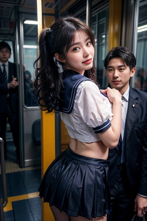 ((High school girl in short sailor suit with short sleeves)),((lifting her skirt and showing her beautiful butt, she grabs her own butt from behind, in a train full of men))、((Dark blue pleated skirt with curls: 1.3, open blouse showing the young woman's big breasts))、((Japanese man grabs buttocks from behind))、((((sexual abuse))))、Touching buttocks from behind on the train、( red blush)、((huge breasts)),sexy girl、(((sexual act、erotic)))、((Skirt raised、no panties,no bra,genital area is visible.))、(High twin tails), Large headband、high-level image quality、realistic image、(((agony、angry expressions)))、(((Japanese men in suits touch his chest and crotch)))、((Japanese man with suit stares at her and smiling grabs visible buttocks, huge breasts are visible))、(((On a train filled only with men)))、((NSFW))