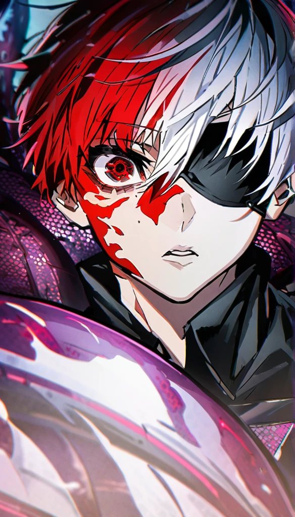 ```
Ken Kaneki, Tokyo Ghoul, white hair, black outfit, eyepatch, half-ghoul, serious expression, red kakugan eye, kagune tentacles, detailed face, high quality

```