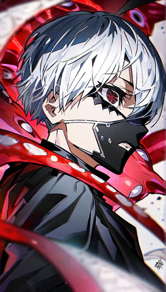 ```
Ken Kaneki, Tokyo Ghoul, white hair, black outfit, eyepatch, half-ghoul, serious expression, red kakugan eye, kagune tentacles, detailed face, high quality
```