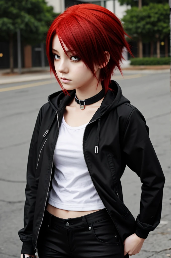 NON-realistic anime style character with red hair and emo clothes(black)
