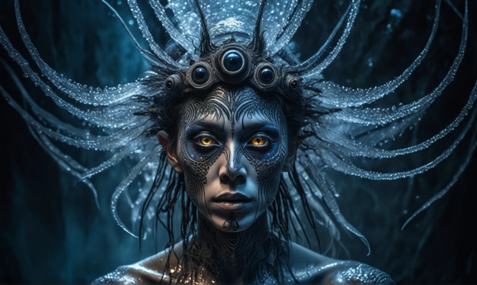 full body length shot,beggar niobium graphite  Alien Entity,native africa sparas ,nowadays azctec central city,Cinematic,soft colors, Technicolor,natural skin textures, hyper realism, hyper detailed,Extremely detailed,High contrast,Masterpiece,Realistic,Ultra Detailed, intricate details,realistic humid leather,extremely intricate,Epic Realistic, cinematic style, irina yermolova,high contrast,hdr,extremely detailed, [deep night landscape],masterpiece, intricate details, eyes extremely detailed, high detailed eyes,8k resolution,retina, Nikon Z9,Korea,orc,Li River in Guangxi Zhuang of Italia, Pisces, transition between two art styles, Double contact, X-ray, Creative, vivid light, fantasy, Abstract, Surrealism, super detailed, high resolution,insanity wear,Her skin is pale, almost translucent. His eyes shine with a bluish glow, he wears dark,, symbols of mourning and gothic elements, further emphasizing its dark air. is portrayed as a haunted and tormented entity,Mestichino,Light particles,chaos,jellyfish's leather

