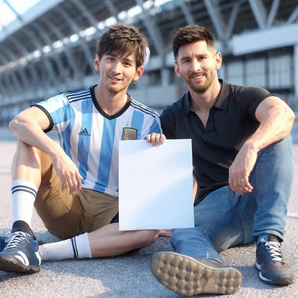 3d hyper realistic of an asian man ,25 years old, short and spiky hair, wearing an Argentina jersey ,short cargo pants and sports shoes holding plain white poster paper beside him there is a man whose face looks like Messi, 30 years old with short under cut hair. ,wearing a black polo shirt, blue jeans, smiling ,the two of them were sitting outside a stadium on a sunny and warm afternoon, Ultra realist, UHD, 4k, cinematic