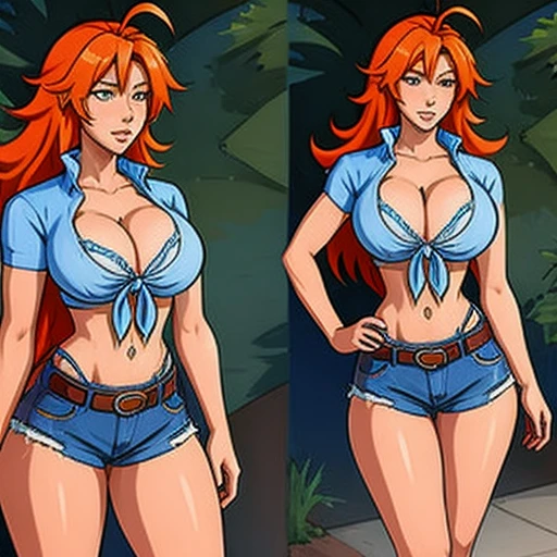 (masterpiece, best quality:1.2), 1girl, solo, denim shorts, boots, midriff, , cleavag-tie top, tied shirt, belt, underwear showing , orange hair, long hair, navel, ahoge, traditional media, shorts, beautiful long legs, standing