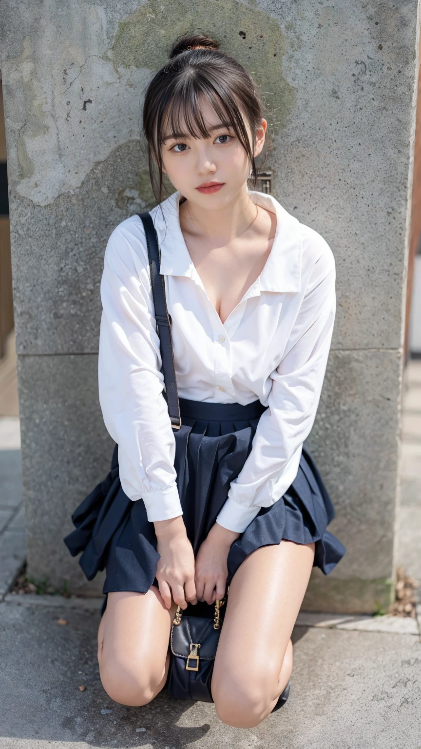 ((Viewing angle from below:1.72、Highest quality、masterpiece、32k、Every detail))、(((A strong wind blows up her hair and skirt:1.62)))、Descend the outdoor stairs、commute、whole body、Traditional navy blue sailor uniform、Outgrown white blouse、(((Mini Pleated Skirt, No underwear:1.22)))、(( I always carry my bag strap across my body.:1.42))、One Girl, alone、((((No underwear:1.37、barefoot, High heels))))