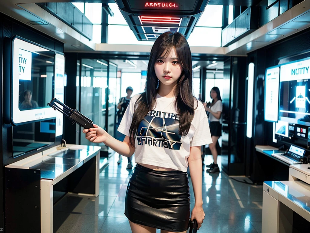 Top quality, 1 beautiful woman, wearing T-shirt, mini skirt, holding_gun, ak-47, 50mm lens, f/1, Moody Lighting, white background, (at Futuristic city:1.5)
