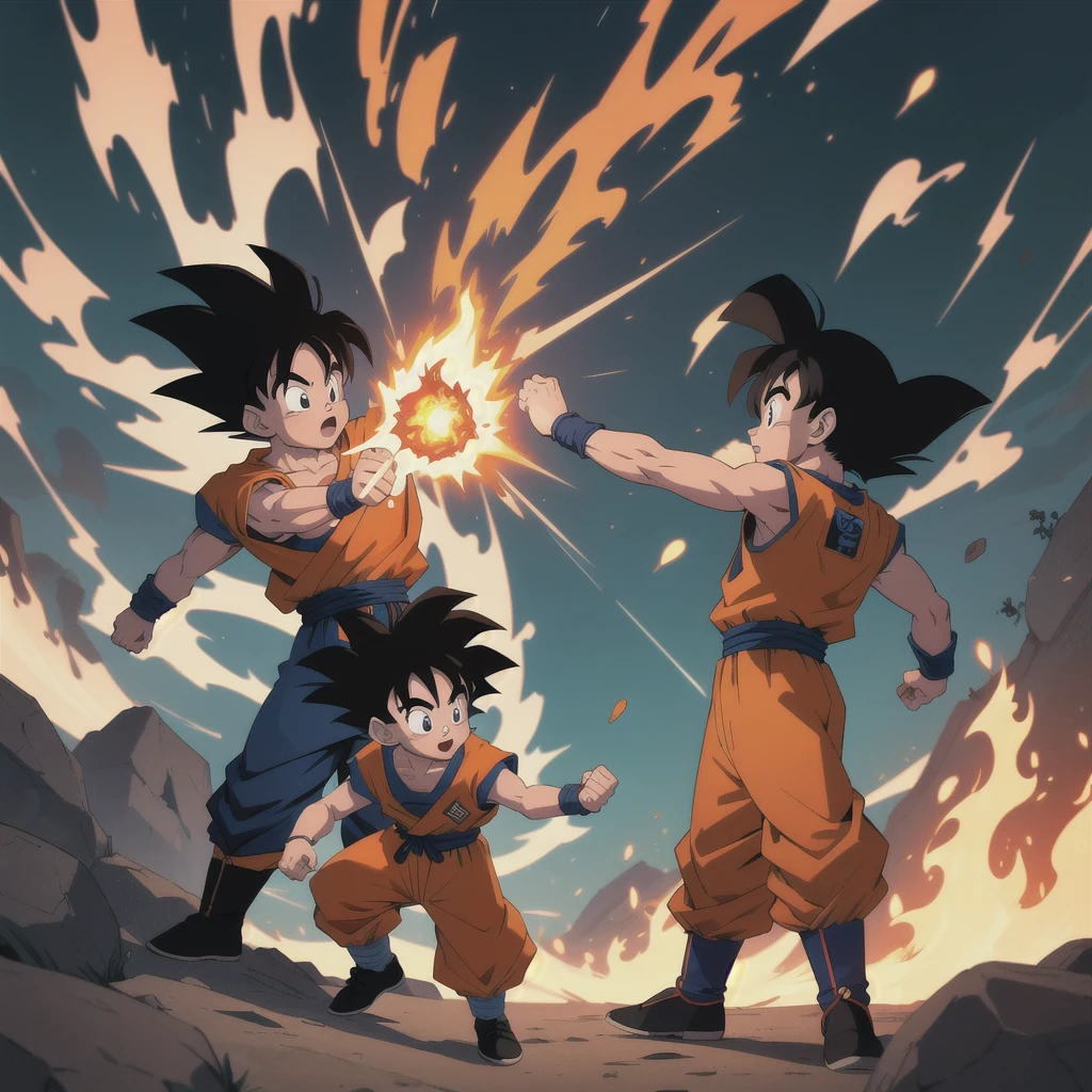 Manga style, illustration, line art style, high quality, manga masterpiece, highres, very detailed, digital illustration, small Kid Goku and alien Piccolo, Dragonball, black hair, spiked hair, real goku clothes orange color, black belt and black shoes, fire ball, dougi, outdoors,fighting,