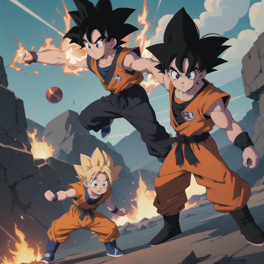 Manga style, illustration, line art style, high quality, manga masterpiece, highres, very detailed, digital illustration, small ??? Goku and alien Piccolo, Dragonball, black hair, spiked hair, real goku clothes orange color, black belt and black shoes, fire ball, dougi, outdoors,fighting,