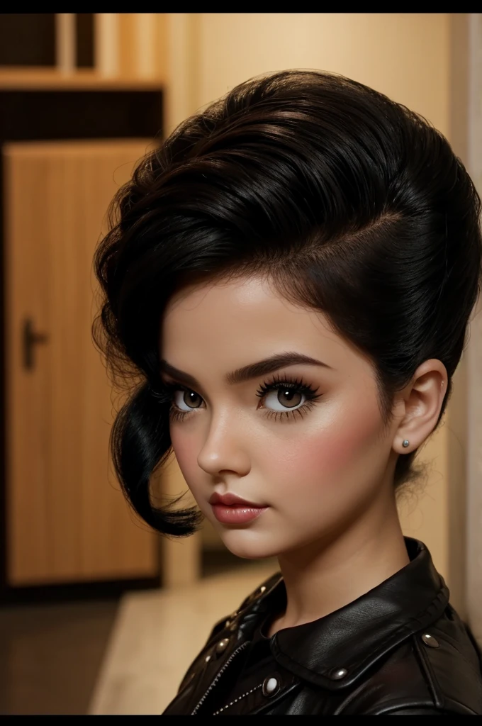 Screenshot of blythe doll with black hair and pompadour. dark brown eyes