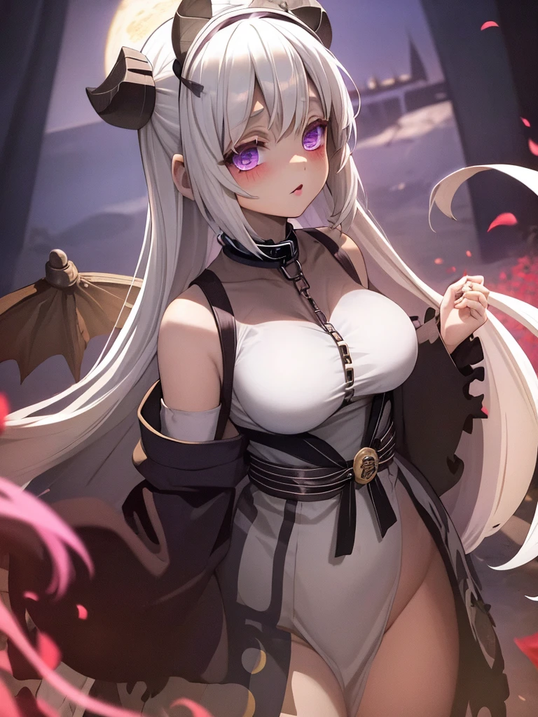 Niña pequeña, White hair,  eyes, slave collar, chains on his neck and arms, demons, (Large round breasts: 0.6),  (Moon demon eyes: 1.18) (kimono: 0.9), (Wide hips: 0.75)