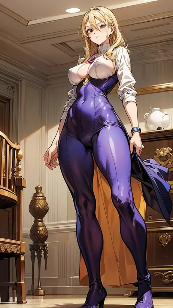 (In Yusuke Murata style), (corpo sexy), (big boobies), (maximum details), (manter a pose), (Her medium blonde hair ), superhero outfit, without cover. superhero skintight outfit
