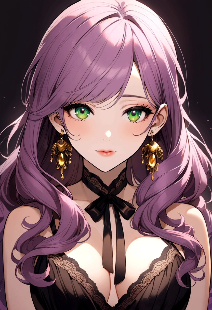 40 year old woman with purple pink hair, long curly hair, green eyes, gold earrings, black dress, black ribbon around neck.