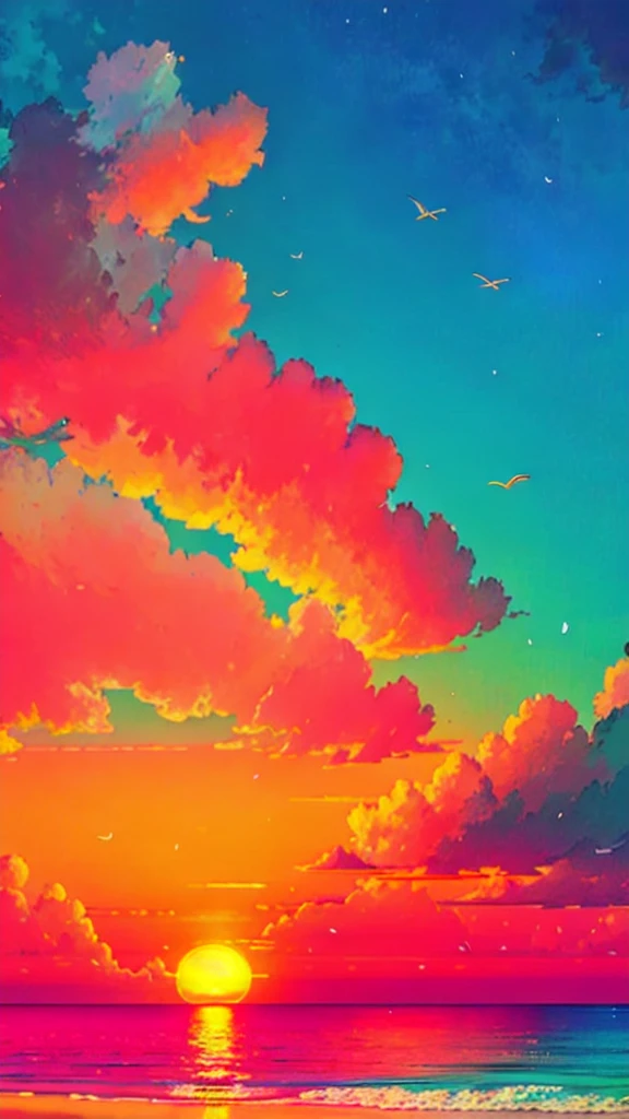 Absolutely mesmerizing sunset on the beach, with a blend of oranges, Pink, The sky is full. The crystal clear waters of the sea gently kiss the coast, White sandy beaches stretch endlessly. The scene is full of dynamics,Breathtaking, Seagulls soar in the sky,Palm trees swaying gently. Feel the calm atmosphere,Let peace envelop you.