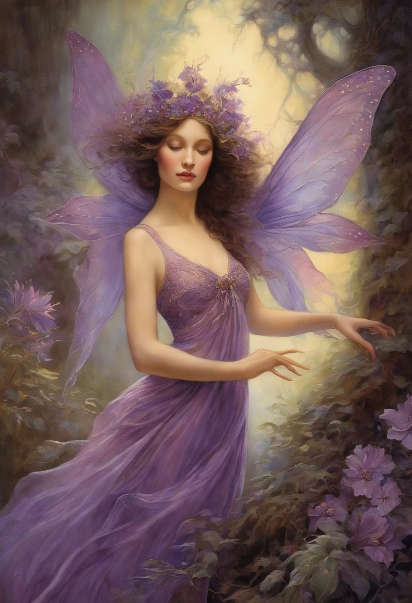 Fairy Dance, Elegant, Very charming beautiful by Daniel Merriam, Josephine Wall, Magenta decoration by Alphonse Mucha and Ralph McQuarrie, dark purple, purple,.watercolor paiting, wet on wet,