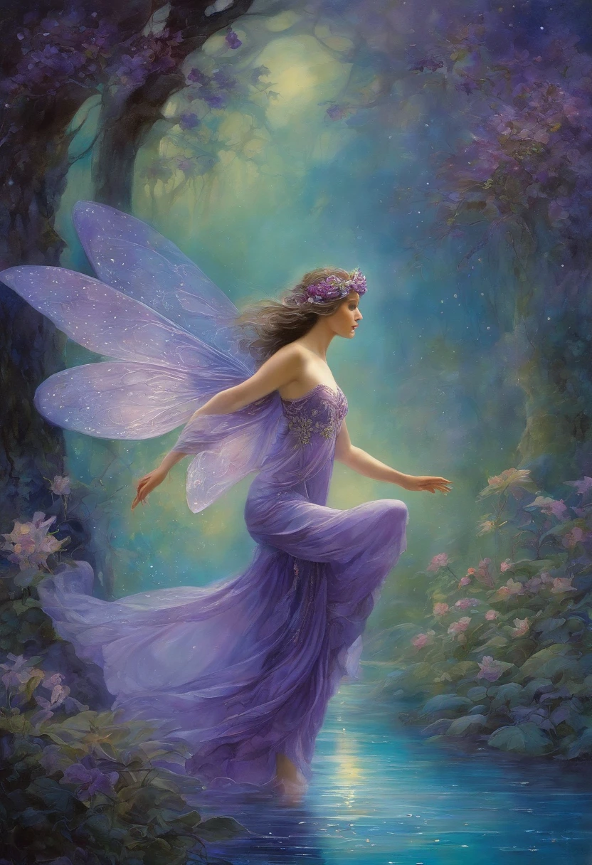 Fairy Dance, Elegant, Very charming beautiful by Daniel Merriam, Josephine Wall, Magenta decoration by Alphonse Mucha and Ralph McQuarrie, dark purple, purple,.watercolor paiting, wet on wet,