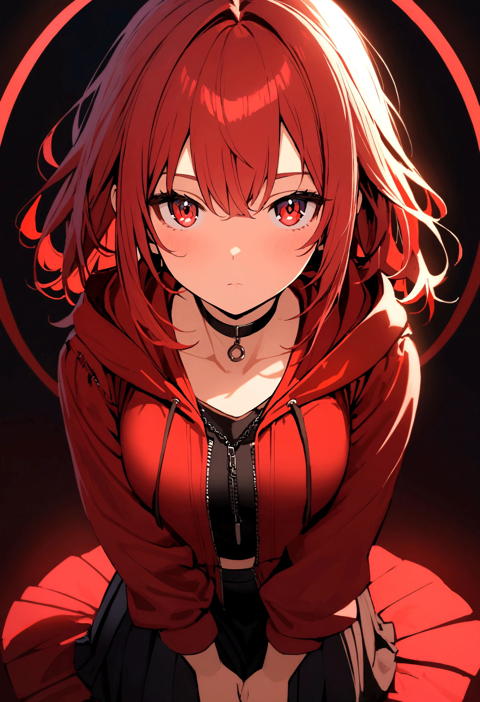 a girl with a red skirt, black skirt under the red shirt . red stockings with the top black. (red )zip up hoodie, black shirt underneath ,red hair and red eyes has a black Choker Necklace ( full body)