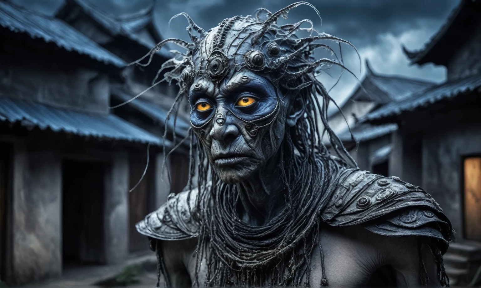 full body length shot,beggar niobium graphite mummy of Alien Entity,native africa sparas ,medieval german custle,Cinematic,soft colors, Technicolor,natural skin textures, hyper realism, hyper detailed,Extremely detailed,High contrast,Masterpiece,Realistic,Ultra Detailed, intricate details,realistic humid leather,extremely intricate,Epic Realistic, cinematic style, irina yermolova,high contrast,hdr,extremely detailed, [deep night landscape],masterpiece, intricate details, eyes extremely detailed, high detailed eyes,8k resolution,retina, Nikon Z9,Korea,orc,Li River in Guangxi Zhuang of Italia, Pisces, transition between two art styles, Double contact, X-ray, Creative, vivid light, fantasy, Abstract, Surrealism, super detailed, high resolution, trap against fairies between houses in air,insanity wear,Her skin is pale, almost translucent. His eyes shine with a bluish glow, he wears dark,, symbols of mourning and gothic elements, further emphasizing its dark air. is portrayed as a haunted and tormented entity,Mestichino,Light particles,chaos,jellyfish's leather
