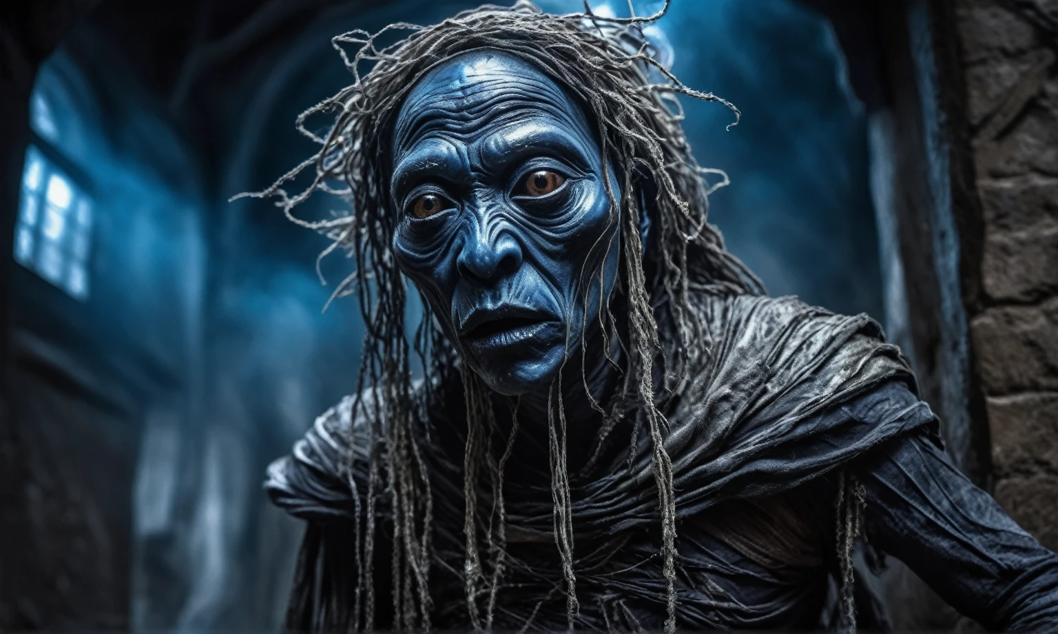 full body length shot,beggar niobium graphite mummy of Alien Entity,native africa sparas ,medieval german custle,Cinematic,soft colors, Technicolor,natural skin textures, hyper realism, hyper detailed,Extremely detailed,High contrast,Masterpiece,Realistic,Ultra Detailed, intricate details,realistic humid leather,extremely intricate,Epic Realistic, cinematic style, irina yermolova,high contrast,hdr,extremely detailed, [deep night landscape],masterpiece, intricate details, eyes extremely detailed, high detailed eyes,8k resolution,retina, Nikon Z9,Korea,orc,Li River in Guangxi Zhuang of Italia, Pisces, transition between two art styles, Double contact, X-ray, Creative, vivid light, fantasy, Abstract, Surrealism, super detailed, high resolution, trap against fairies between houses in air,insanity wear,Her skin is pale, almost translucent. His eyes shine with a bluish glow, he wears dark,, symbols of mourning and gothic elements, further emphasizing its dark air. is portrayed as a haunted and tormented entity,Mestichino,Light particles,chaos,jellyfish's leather
