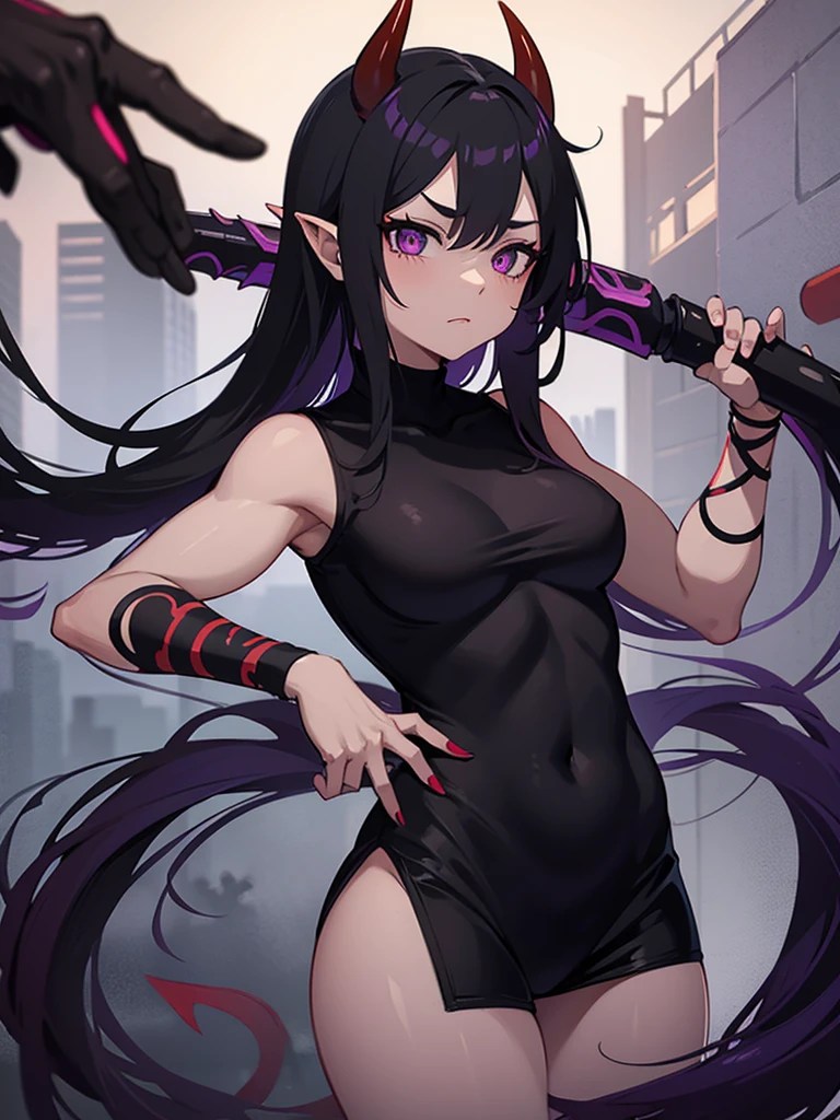 Demon girl with red skin, black horns, completely black eyes, straight black hair, muscular, purple eyes, demon tail