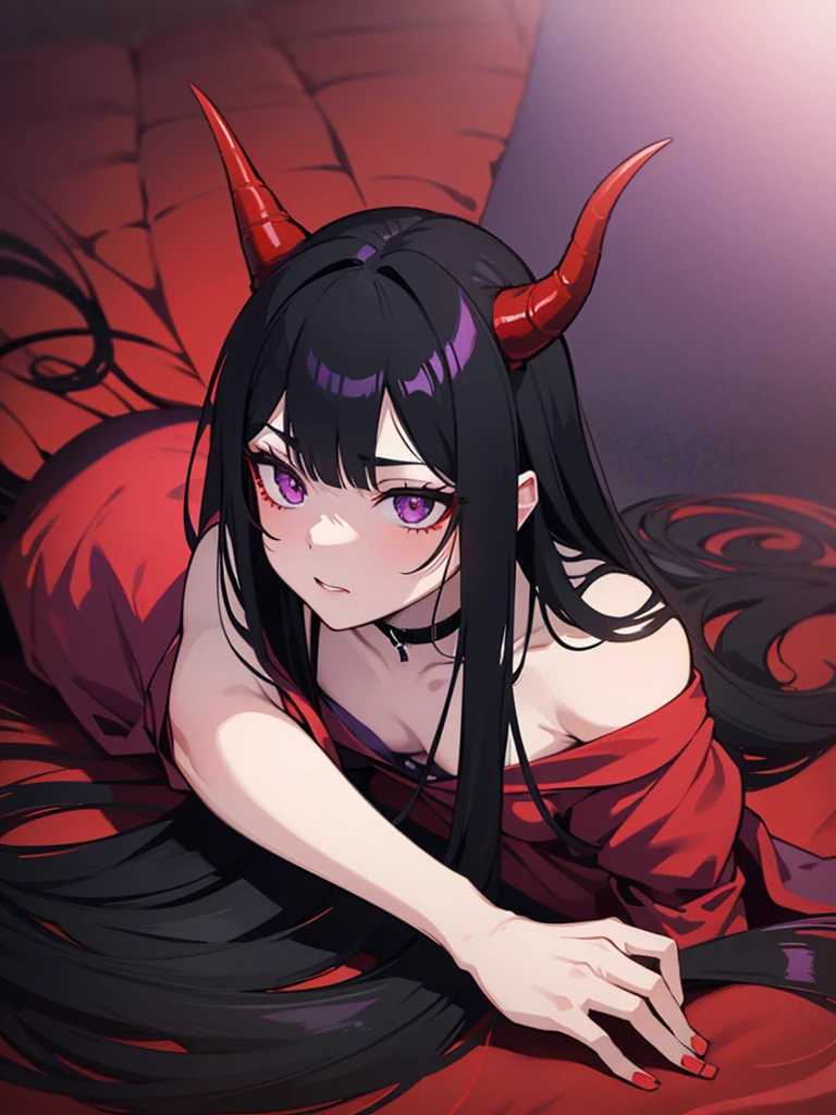 Demon girl with red skin, black horns, completely black eyes, straight black hair, muscular, purple eyes, demon tail