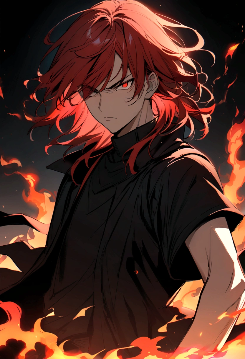 age boy, tidy hair, medium length hair, hair with bangs covering the left eye, multicolored black and red hair, serious face, Eyes red, black jersey, loose red short-sleeved overcoat, pair of medium black gloves, fire aura around the character