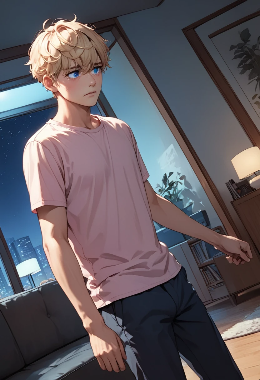 detailed illustration, dynamic angle, ultra-detailed, illustration, 1man, blue eyes, detailed eyes, short blonde hair, effeminate, light pink shirt, standing in living room, sad, tears, holding back, night
