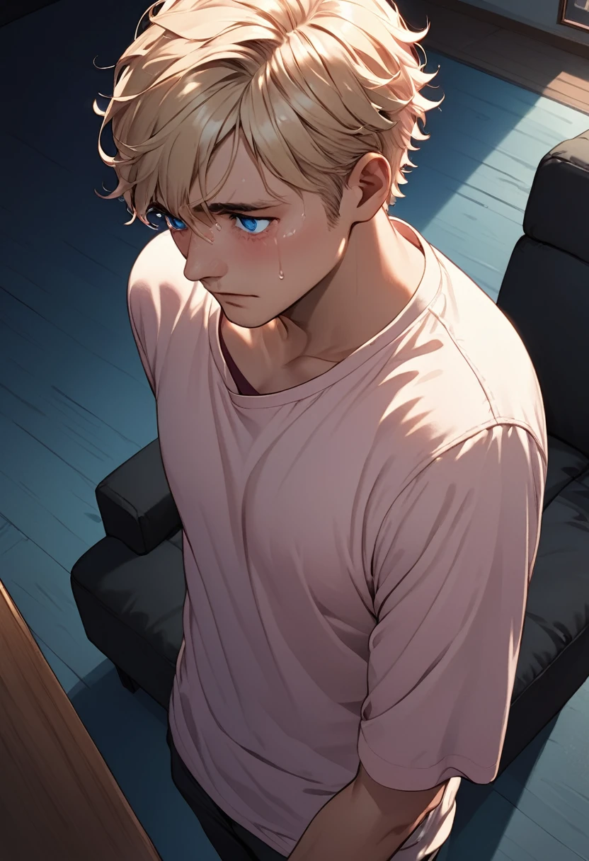 detailed illustration, dynamic angle, ultra-detailed, illustration, 1man, blue eyes, detailed eyes, short blonde hair, effeminate, light pink shirt, standing in living room, sad, tears, holding back, night