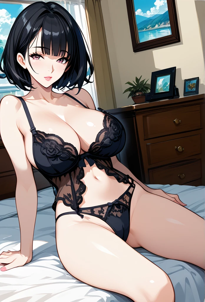 mature woman, mature face, hot face, glossy lips, (black hair, short hair, hime bangs), mature body, big breast, big ass, bedroom, underwear, panties, lingerie, front view