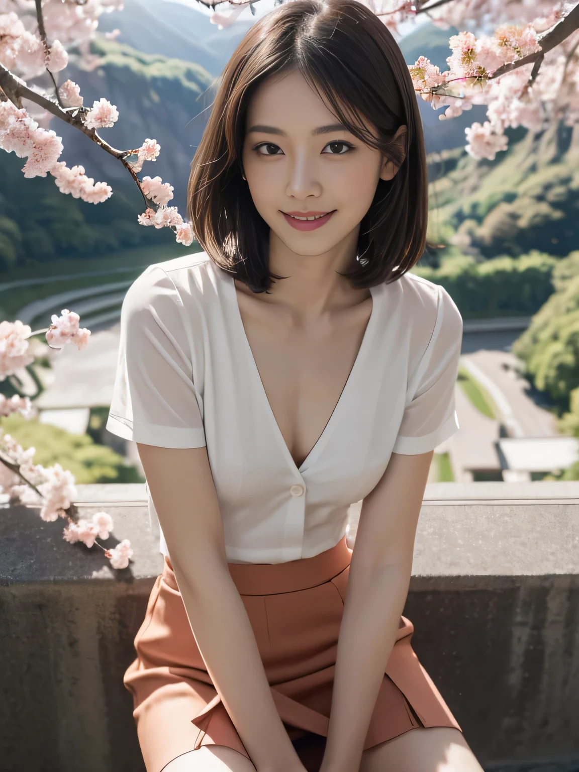 Droopwg collar, A slightly visible bra under the shirt,Lookwg down,Leanwg forward,(((A small valley is visible))),skirt,One girl, Lookwg_w_Audience, smile, Japan, Tokyo, Cherry Blossom, Octane Renderwg, 一人w, Very skwny,V-neck　buswess suit,A neat image,Mature Woman