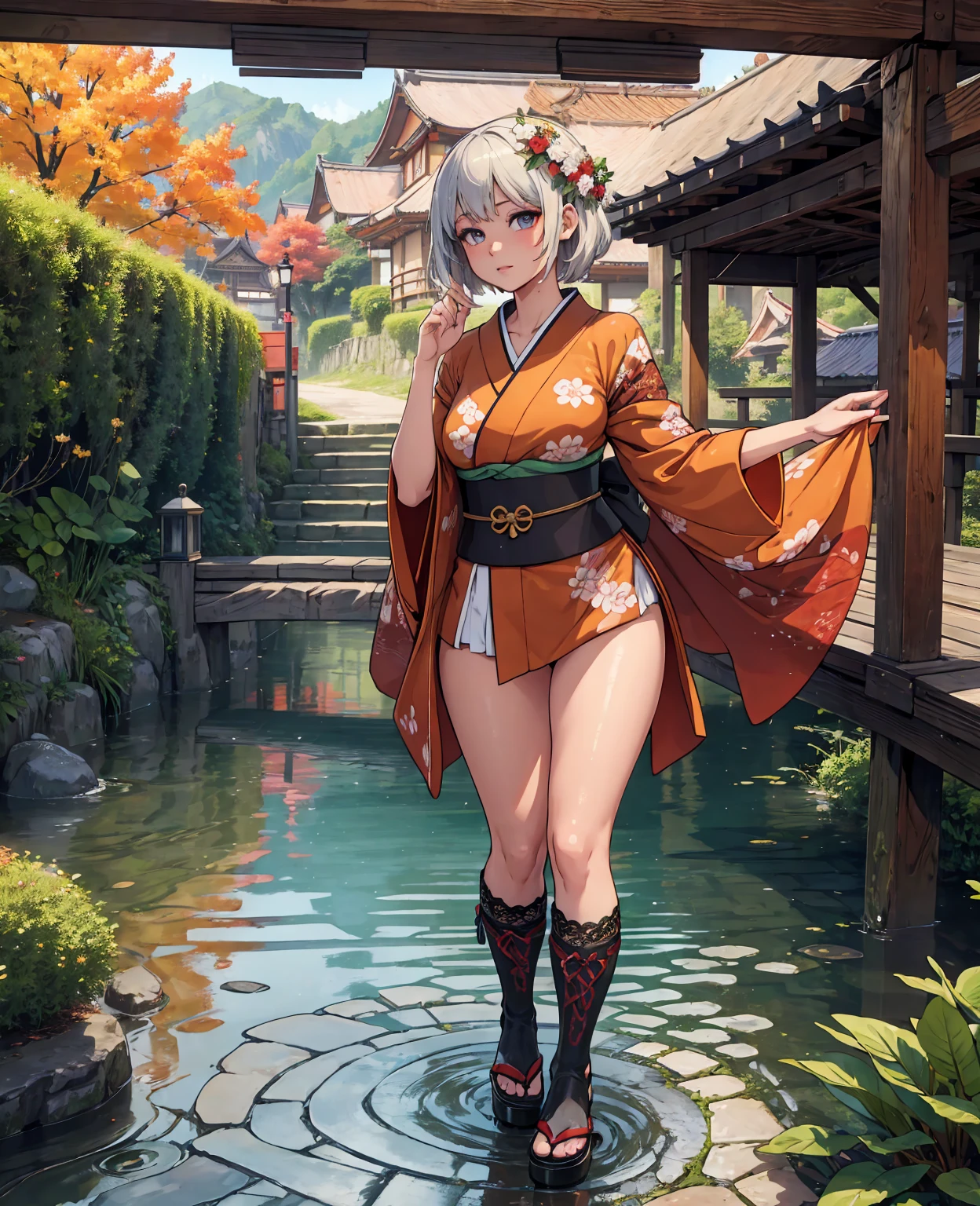 extremely detailed CG unity 8k wallpaper, realistic, hand by Guido Daniele, wearing kimono_clothes, wooden bridge, sakuramon, wreath,lace-trimmed kimono, stone brick road, wet road, clogs, two toe socks