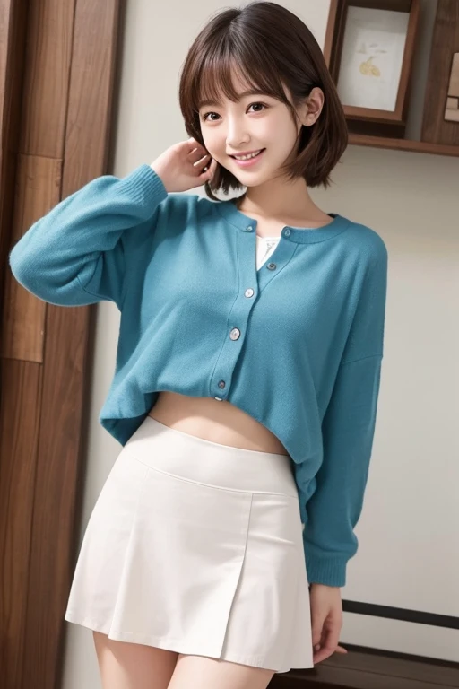 {Highest quality}、{so beautiful}、{Super quality}、{Best illustrations}、super high quality、Japanese Girls1people、Casual clothing、Not wearing underwear、Ultra mini skirt、Not wearing panties、Attractive thighs、Both legsMWide open letters、chest wide open、Face of joy、Small breasts、smile、No underwear