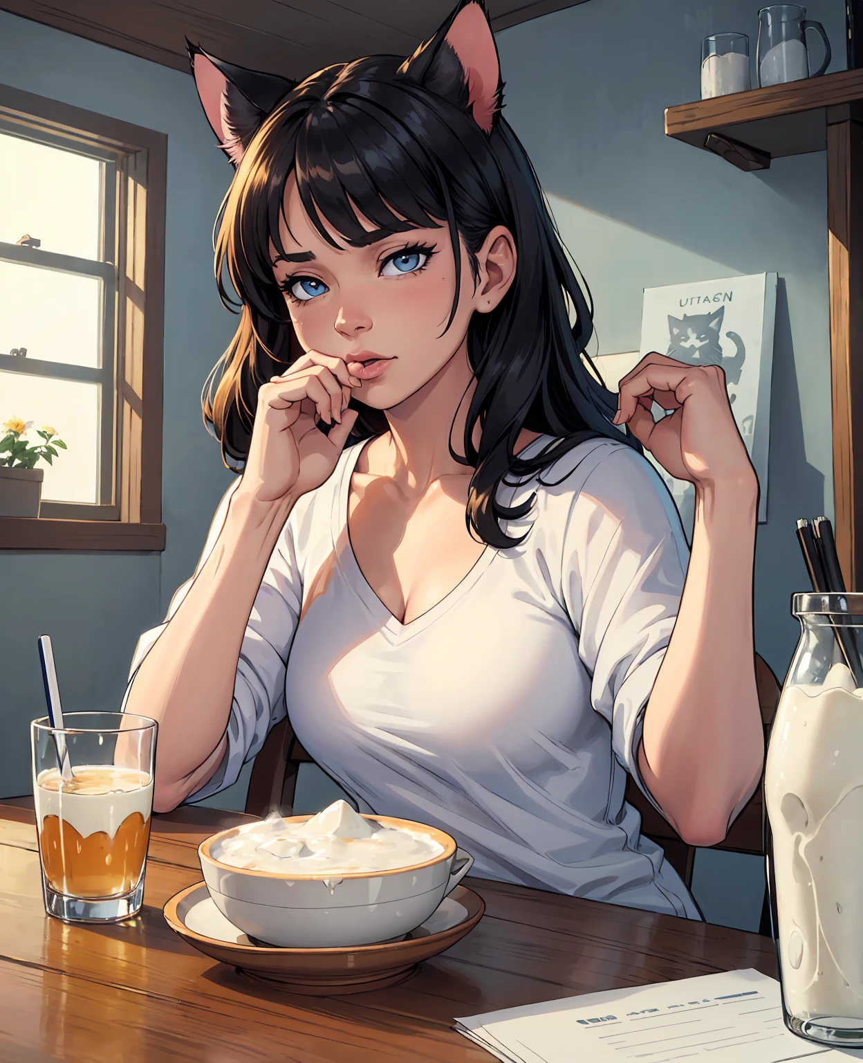 There is a cat sitting next to a glass of milk, cat drinking milk, illustration of 1 cat, ultra-realistic illustration, ultra-realistic illustration, hyper-realistic illustration, a cat. realistic painting, by Wayne England, realistic illustration, hyper realistic illustration, portrait, close portrait, award-winning hyper-realistic, by Lisa Milroy, by Galen Dara