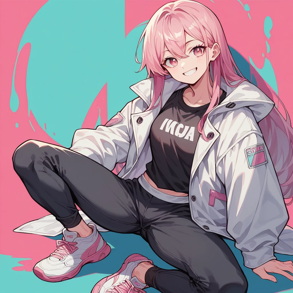 1girl, ager, light skin, long pink hair, pink eyes, black shirt, white jacket, black pants, sports shoes, anime style, digital art, smile, icon