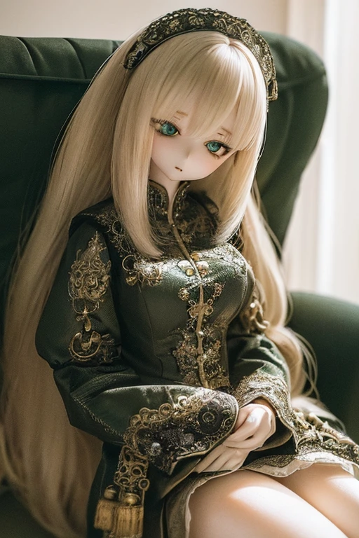 photorealistic, realistic photo, ((highest quality)), ((masterpiece)), (extremely detailed), kukolnydom, doll, (mature woman:1.6), solo, sitting on sofa, green eyes, (reclining on sofa, looking away, blank eyes, empty eyes, detailed eyes:1.3), (light smile), dress, museum, 8k