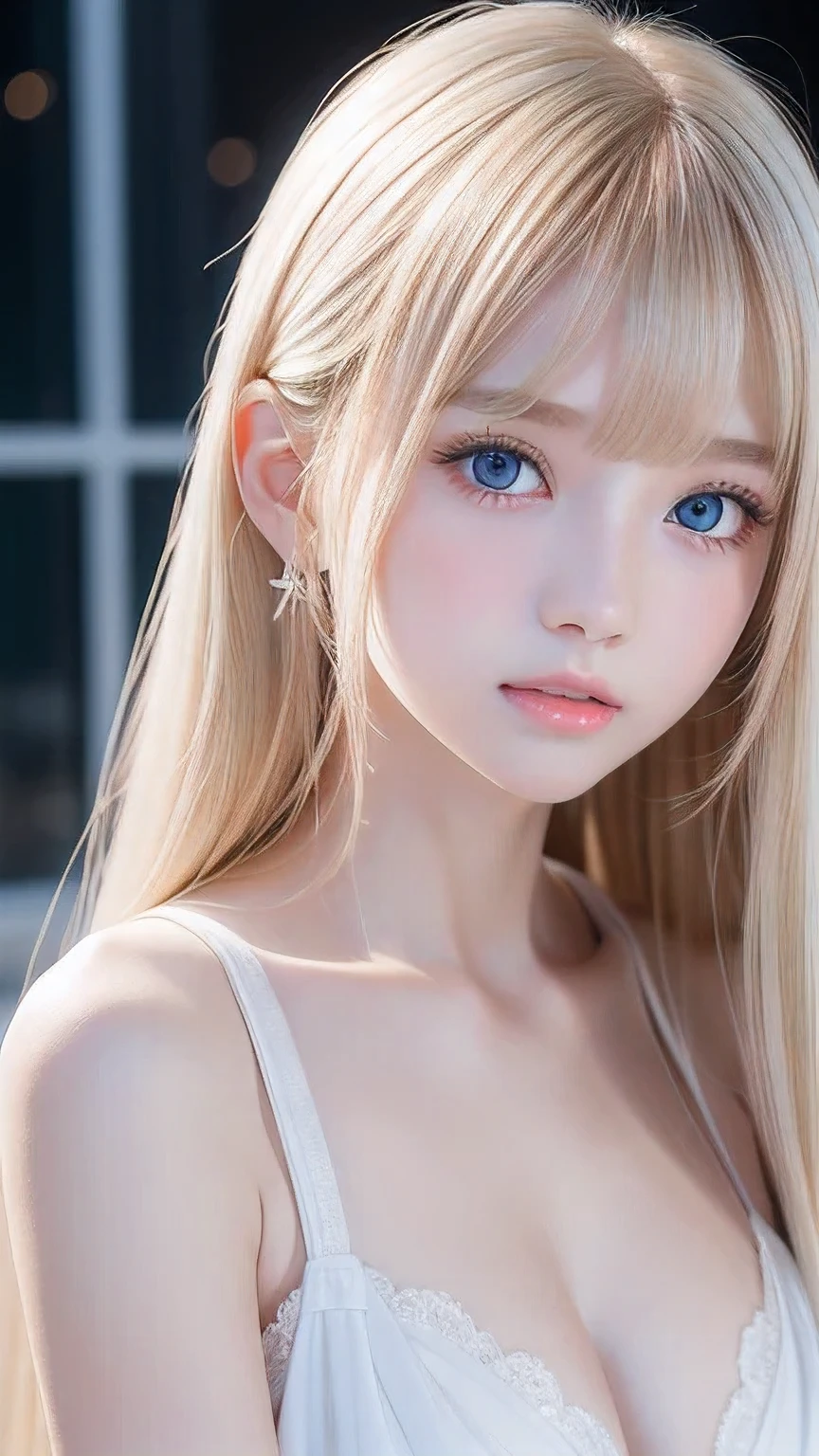 Very white and radiant beautiful skin, A beautiful girl, Unparalleled beauty, Bright, refreshing and gentle expression, Perfect beautiful pretty face、Shiny baby blonde silk super long straight hair, Beautiful shiny bangs, A very beautiful 15-year-old girl, Eyeliner, Very perfect and beautiful cute big clear bright white blue eyes