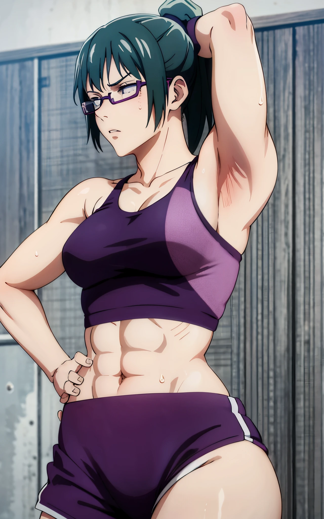 Maki Zenin, sports bra, long pants,curved, dark green hair, ponytail, well proportioned, muscular, large thighs, medium chest, purple glasses, gym background, armpits visible, sweaty armpits, very sweaty armpits, sweaty