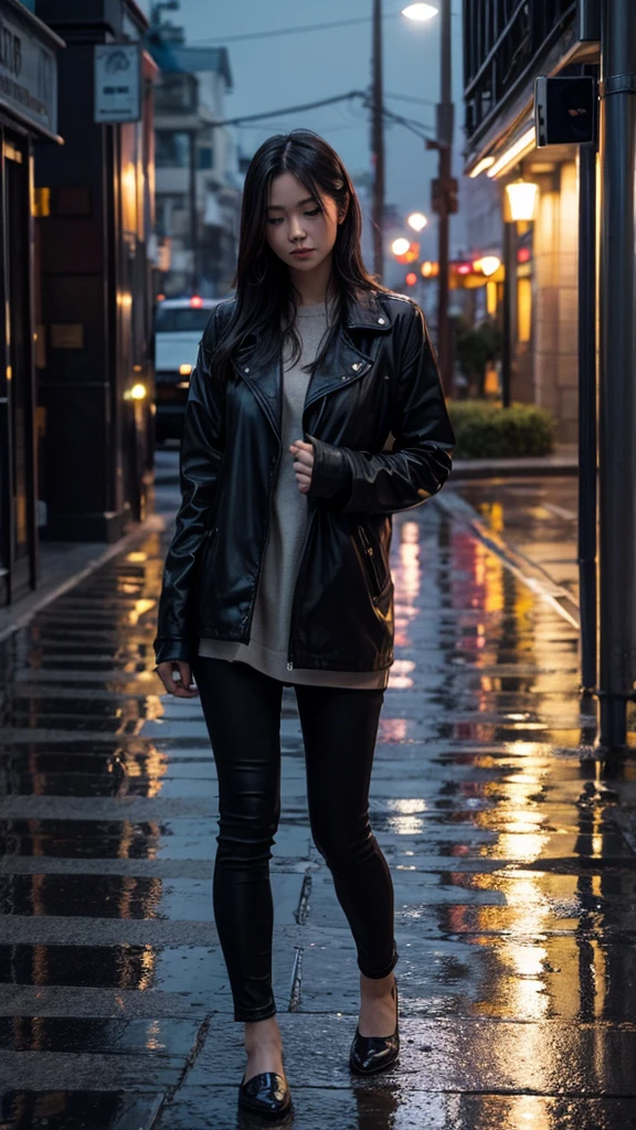 City of night Rain falling on the sidewalk