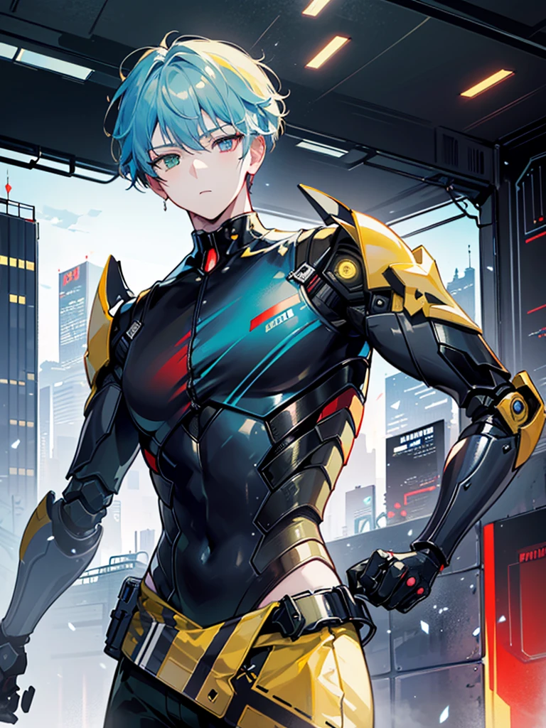 (masterpiece:1.3), (best cinematic quality:1.2), (extremely detailed setting:1), (soft+artistic lighting), (1boy), short blue haired, (eyes+yellow+red:1.4), (multicolored eyes+heterochromia), wearing cyberpunk clothes, futuristic, technological, city scenery with (robots around)0.4], giving dramatic scenery.