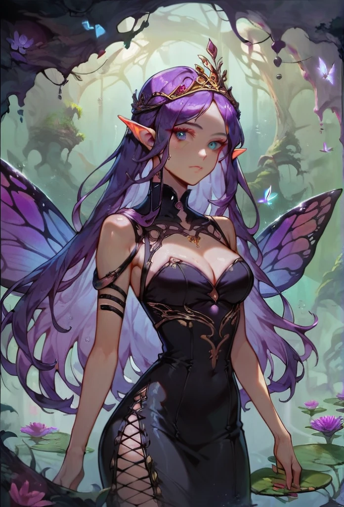 ASCII(score_9, score_8_up:1.1), score_7_up, 1girl, portrait,, purple hair, long hair,  dragonfly wings, fairy, glossy black skirt, glossy black top, void cavern, purple water, magical, golden tiara void  