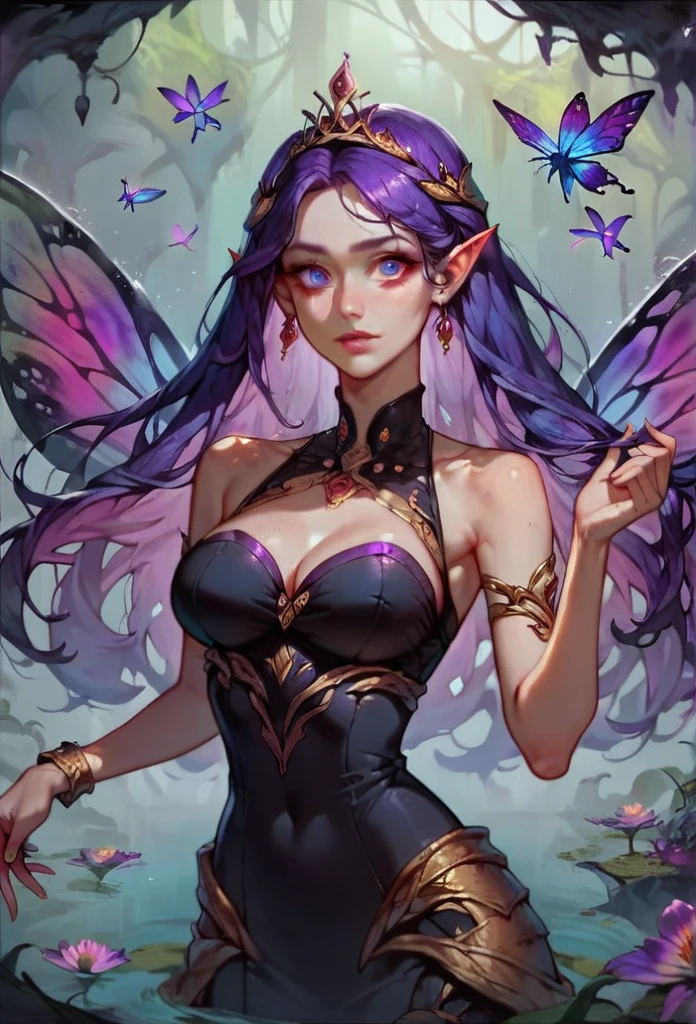 ASCII(score_9, score_8_up:1.1), score_7_up, 1girl, portrait,, purple hair, long hair,  dragonfly wings, fairy, glossy black skirt, glossy black top, void cavern, purple water, magical, golden tiara void  