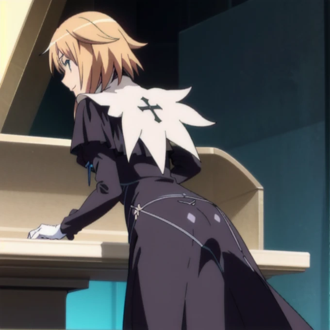1girl, solo, blonde hair, teal eyes, smile, mature, cross necklace, black nun, Kizuki, Seikon no Qwaser, white gloves, Teresa Beria, long skirt, long cape, best quality, masterpiece, from behind, butt