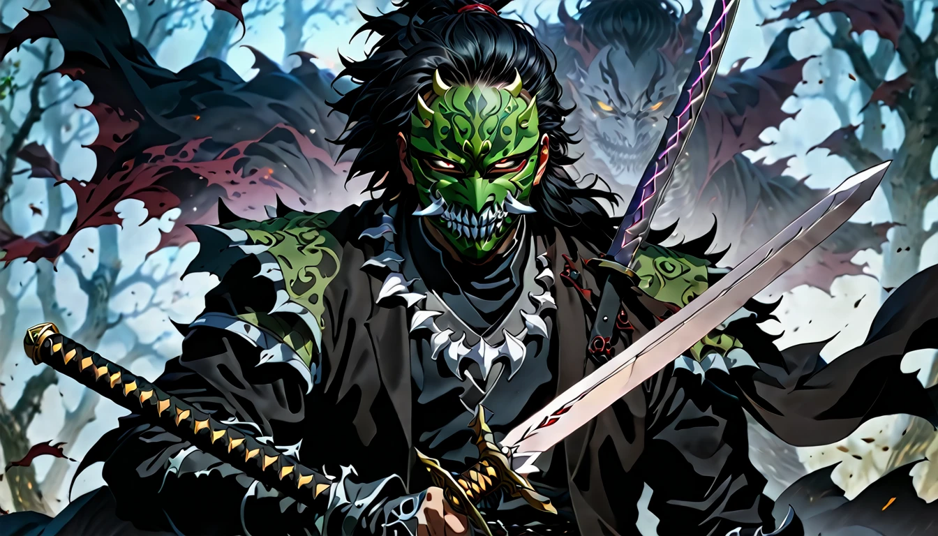 demon mask, sword on the hand,close up, black heavy detailed clothes, hand katana, art, dark and malevolent, hand sword, armor, powerful and intimidating, (masterpiece, best quality, ultra-detailed, best shadow), (detailed background, dark fantasy) dramatic light, intricate details, dark and malevolent, powerful and intimidating, Dark and foreboding, malevolent force, sinister and chilling, armor, high detailed background, girl in demon slayer art, demon slayer art style, epic anime art, God death