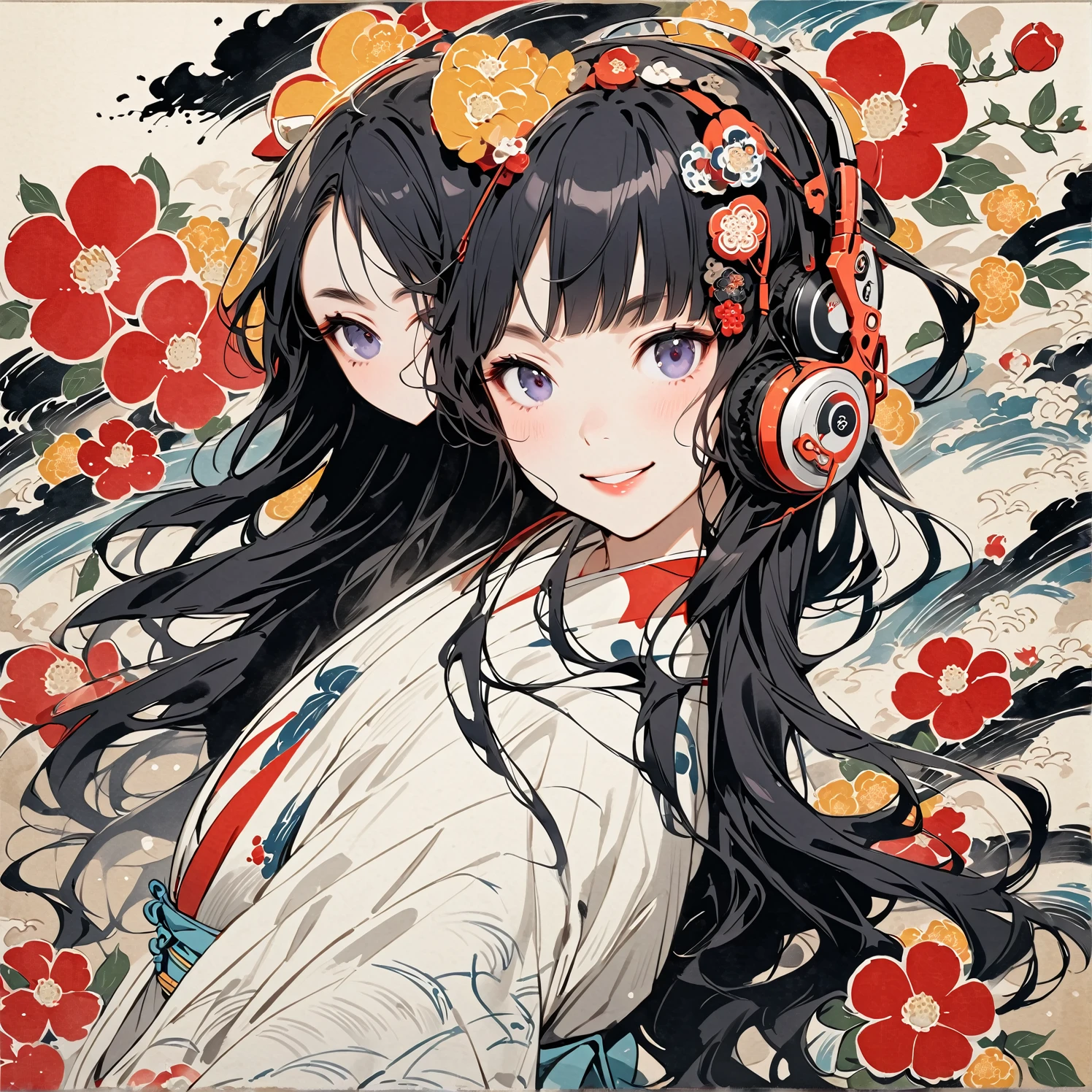 Highest quality, Katsushika Hokusai, Ink Painting, (((longhair))), (((White kimono))), (((An angelic smile))), Japanese style headphones, camellia, beautiful girl, Black Hair, Delicate and precise, Modern ukiyo-e style,